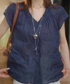 Summer 2025 French-Style V-Neck Pleated Cotton-Linen Short Sleeve Shirt for Women - Lightweight, Breathable Top