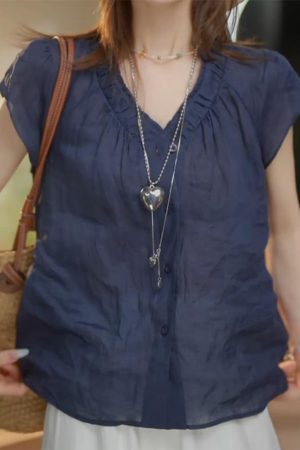 Summer 2025 French-Style V-Neck Pleated Cotton-Linen Short Sleeve Shirt for Women - Lightweight, Breathable Top