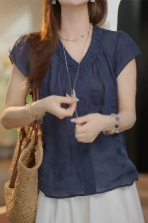 Summer 2025 French-Style V-Neck Pleated Cotton-Linen Short Sleeve Shirt for Women - Lightweight, Breathable Top