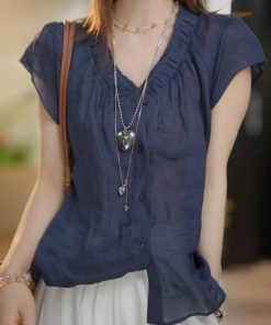 Summer 2025 French-Style V-Neck Pleated Cotton-Linen Short Sleeve Shirt for Women - Lightweight, Breathable Top
