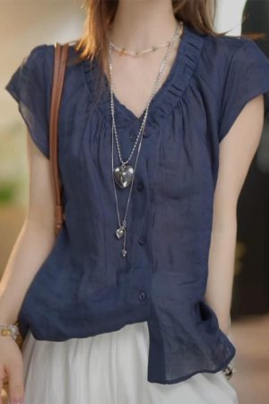 Summer 2025 French-Style V-Neck Pleated Cotton-Linen Short Sleeve Shirt for Women - Lightweight, Breathable Top