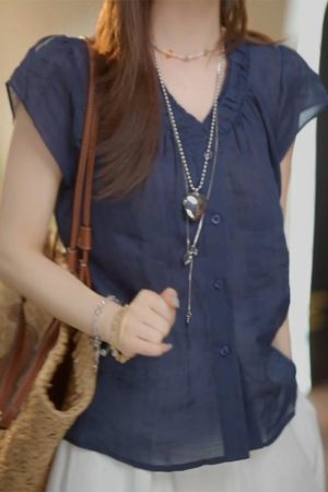 Summer 2025 French-Style V-Neck Pleated Cotton-Linen Short Sleeve Shirt for Women - Lightweight, Breathable Top