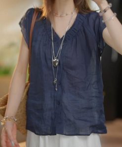 Summer 2025 French-Style V-Neck Pleated Cotton-Linen Short Sleeve Shirt for Women - Lightweight, Breathable Top