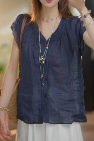 Summer 2025 French-Style V-Neck Pleated Cotton-Linen Short Sleeve Shirt for Women - Lightweight, Breathable Top