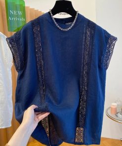 Summer 2025 High-End Linen Sleeveless Top for Women, Loose Hollow Lace Spliced Vest Shirt, Chic Casual Fashion
