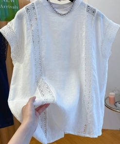 Summer 2025 High-End Linen Sleeveless Top for Women, Loose Hollow Lace Spliced Vest Shirt, Chic Casual Fashion