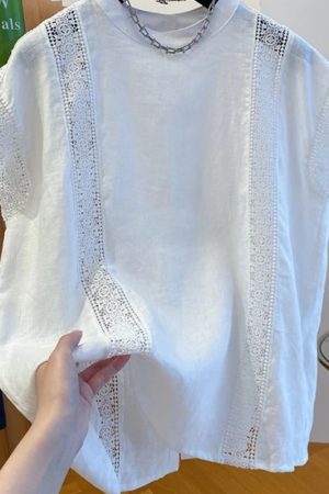 Summer 2025 High-End Linen Sleeveless Top for Women, Loose Hollow Lace Spliced Vest Shirt, Chic Casual Fashion