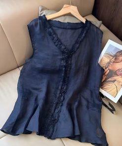 Summer 2025 Ruffled Lace V-Neck Sleeveless Top for Women - Trendy Loose Fit Fashion Shirt