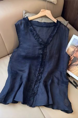 Summer 2025 Ruffled Lace V-Neck Sleeveless Top for Women - Trendy Loose Fit Fashion Shirt