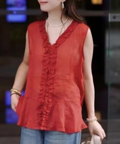 Summer 2025 Ruffled Lace V-Neck Sleeveless Top for Women - Trendy Loose Fit Fashion Shirt
