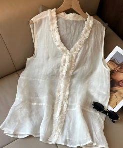 Summer 2025 Ruffled Lace V-Neck Sleeveless Top for Women - Trendy Loose Fit Fashion Shirt