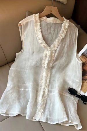 Summer 2025 Ruffled Lace V-Neck Sleeveless Top for Women - Trendy Loose Fit Fashion Shirt