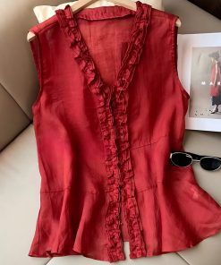 Summer 2025 Ruffled Lace V-Neck Sleeveless Top for Women - Trendy Loose Fit Fashion Shirt
