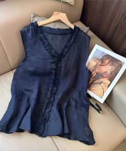 Summer 2025 Ruffled Lace V-Neck Sleeveless Top for Women - Trendy Loose Fit Fashion Shirt