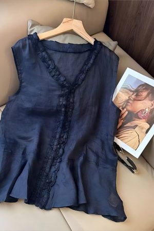 Summer 2025 Ruffled Lace V-Neck Sleeveless Top for Women - Trendy Loose Fit Fashion Shirt