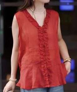 Summer 2025 Ruffled Lace V-Neck Sleeveless Top for Women - Trendy Loose Fit Fashion Shirt