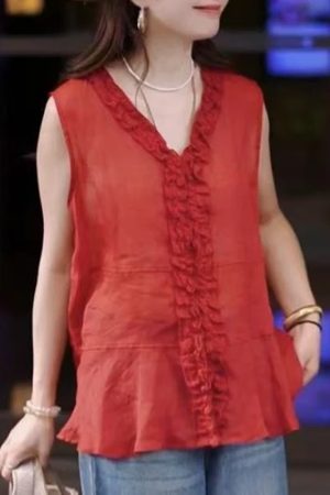 Summer 2025 Ruffled Lace V-Neck Sleeveless Top for Women - Trendy Loose Fit Fashion Shirt