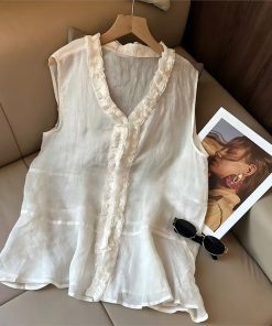 Summer 2025 Ruffled Lace V-Neck Sleeveless Top for Women - Trendy Loose Fit Fashion Shirt