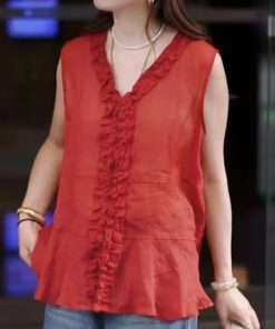 Summer 2025 Ruffled Lace V-Neck Sleeveless Top for Women - Trendy Loose Fit Fashion Shirt