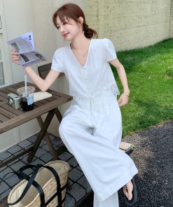 Summer 2025 Women's French Lace Patchwork Top & White Wide-Leg Pants Two-Piece Set - Unique and Beautiful Fashion