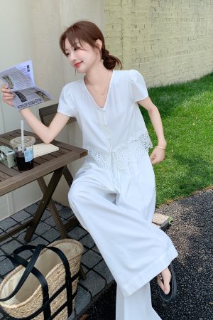 Summer 2025 Women's French Lace Patchwork Top & White Wide-Leg Pants Two-Piece Set - Unique and Beautiful Fashion