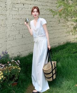 Summer 2025 Women's French Lace Patchwork Top & White Wide-Leg Pants Two-Piece Set - Unique and Beautiful Fashion