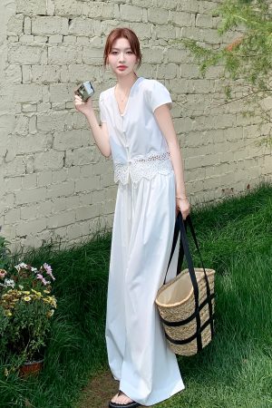 Summer 2025 Women's French Lace Patchwork Top & White Wide-Leg Pants Two-Piece Set - Unique and Beautiful Fashion