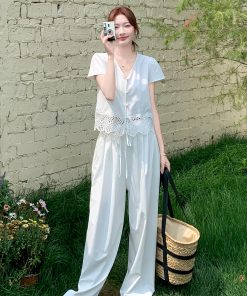 Summer 2025 Women's French Lace Patchwork Top & White Wide-Leg Pants Two-Piece Set - Unique and Beautiful Fashion