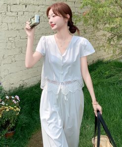 Summer 2025 Women's French Lace Patchwork Top & White Wide-Leg Pants Two-Piece Set - Unique and Beautiful Fashion