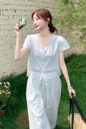 Summer 2025 Women's French Lace Patchwork Top & White Wide-Leg Pants Two-Piece Set - Unique and Beautiful Fashion