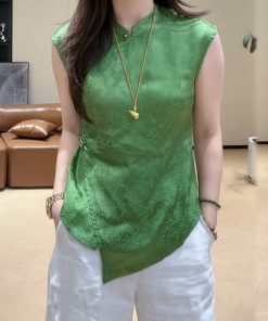 Summer 2025 Women's Irregular Sleeveless Stand-Collar Jacquard Top in Chinese-Style National Wind Design
