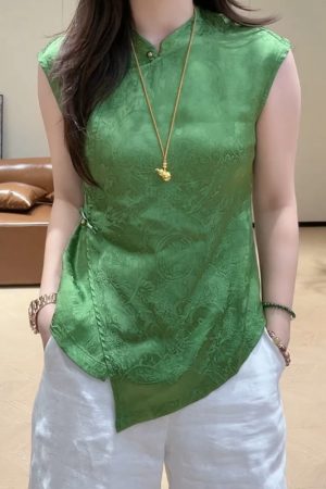 Summer 2025 Women's Irregular Sleeveless Stand-Collar Jacquard Top in Chinese-Style National Wind Design