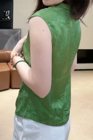 Summer 2025 Women's Irregular Sleeveless Stand-Collar Jacquard Top in Chinese-Style National Wind Design