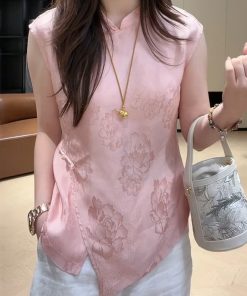Summer 2025 Women's Irregular Sleeveless Stand-Collar Jacquard Top in Chinese-Style National Wind Design