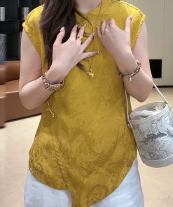 Summer 2025 Women's Irregular Sleeveless Stand-Collar Jacquard Top in Chinese-Style National Wind Design