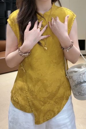 Summer 2025 Women's Irregular Sleeveless Stand-Collar Jacquard Top in Chinese-Style National Wind Design