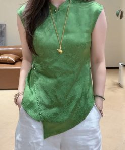 Summer 2025 Women's Irregular Sleeveless Stand-Collar Jacquard Top in Chinese-Style National Wind Design