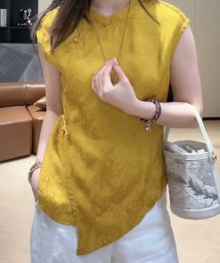 Summer 2025 Women's Irregular Sleeveless Stand-Collar Jacquard Top in Chinese-Style National Wind Design