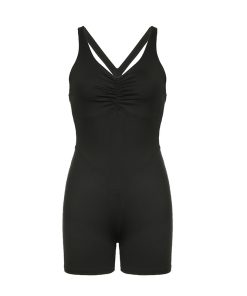 Summer 2025 Women's Pleated V-Neck Cross-Strap Bodysuit Shorts - European & American Style Casual Sportswear