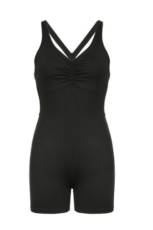 Summer 2025 Women's Pleated V-Neck Cross-Strap Bodysuit Shorts - European & American Style Casual Sportswear