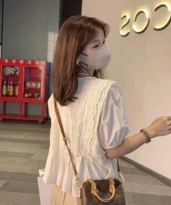 Summer 2025 Women's Wrinkled Lace Chiffon Blouse with Puff Sleeves - Fairy-Like, Age-Reducing Fashion Top