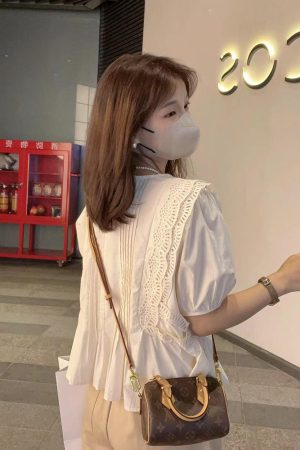 Summer 2025 Women's Wrinkled Lace Chiffon Blouse with Puff Sleeves - Fairy-Like, Age-Reducing Fashion Top