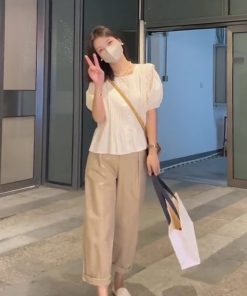 Summer 2025 Women's Wrinkled Lace Chiffon Blouse with Puff Sleeves - Fairy-Like, Age-Reducing Fashion Top