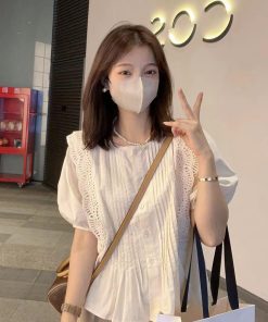 Summer 2025 Women's Wrinkled Lace Chiffon Blouse with Puff Sleeves - Fairy-Like, Age-Reducing Fashion Top