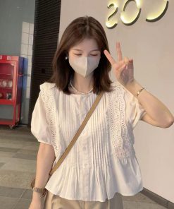 Summer 2025 Women's Wrinkled Lace Chiffon Blouse with Puff Sleeves - Fairy-Like, Age-Reducing Fashion Top