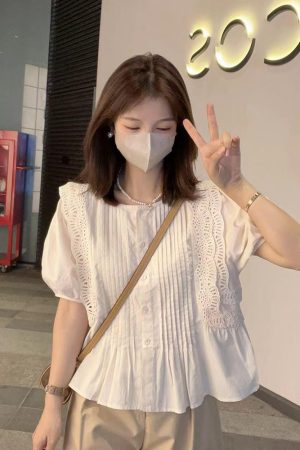 Summer 2025 Women's Wrinkled Lace Chiffon Blouse with Puff Sleeves - Fairy-Like, Age-Reducing Fashion Top