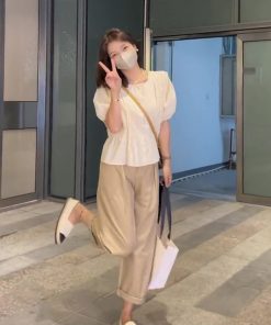 Summer 2025 Women's Wrinkled Lace Chiffon Blouse with Puff Sleeves - Fairy-Like, Age-Reducing Fashion Top