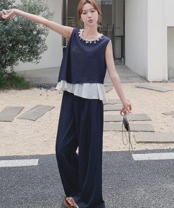 Summer Age-Reducing Color-Blocking Spliced Vest and Wide-Leg Pants Two-Piece Set - Elegant OOTD for Effortless Style