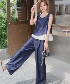 Summer Age-Reducing Color-Blocking Spliced Vest and Wide-Leg Pants Two-Piece Set - Elegant OOTD for Effortless Style