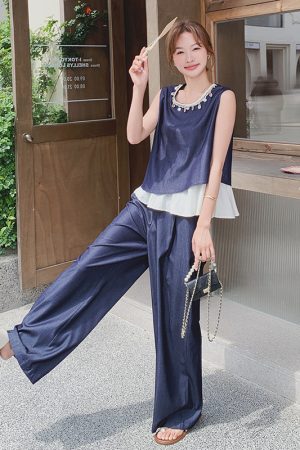 Summer Age-Reducing Color-Blocking Spliced Vest and Wide-Leg Pants Two-Piece Set - Elegant OOTD for Effortless Style